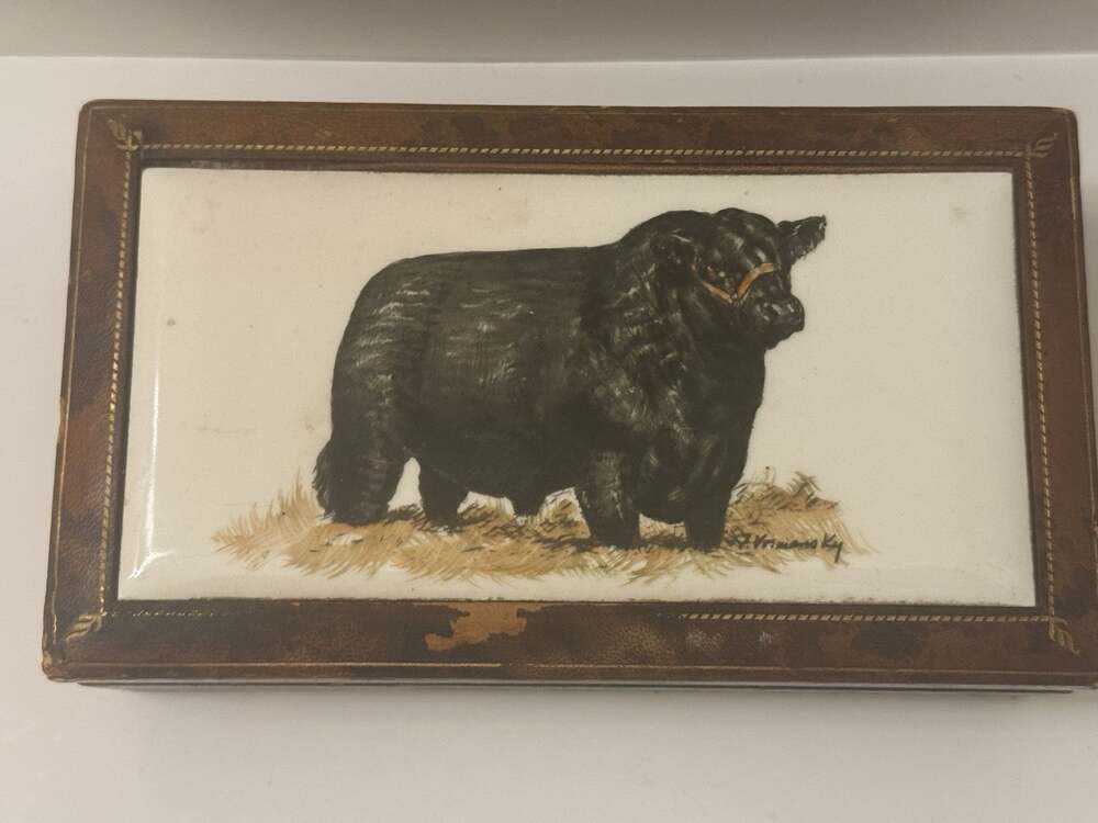 Wooden Keepsake Box Hand Painted Bull Lid Gold Trim Hinged